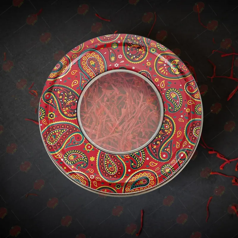 بسته بندی زعفران در ظرف فلزی گرد پنجرهدار کد 08